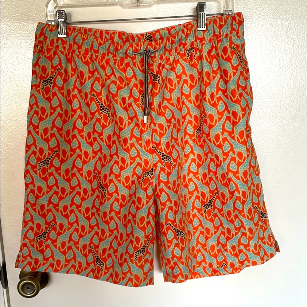 Peter Millar Vibrant Orange Patterned Preppy Giraffe Men's Swim Shorts SZ L.